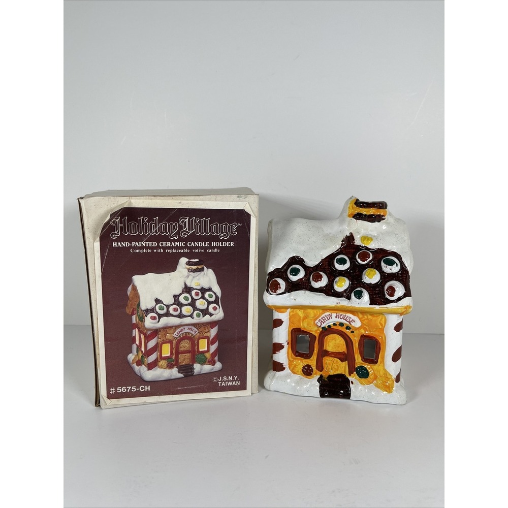 Vintage JSNY Holiday Village Hand Painted "Candy‎ House" Ceramic Candle Holder